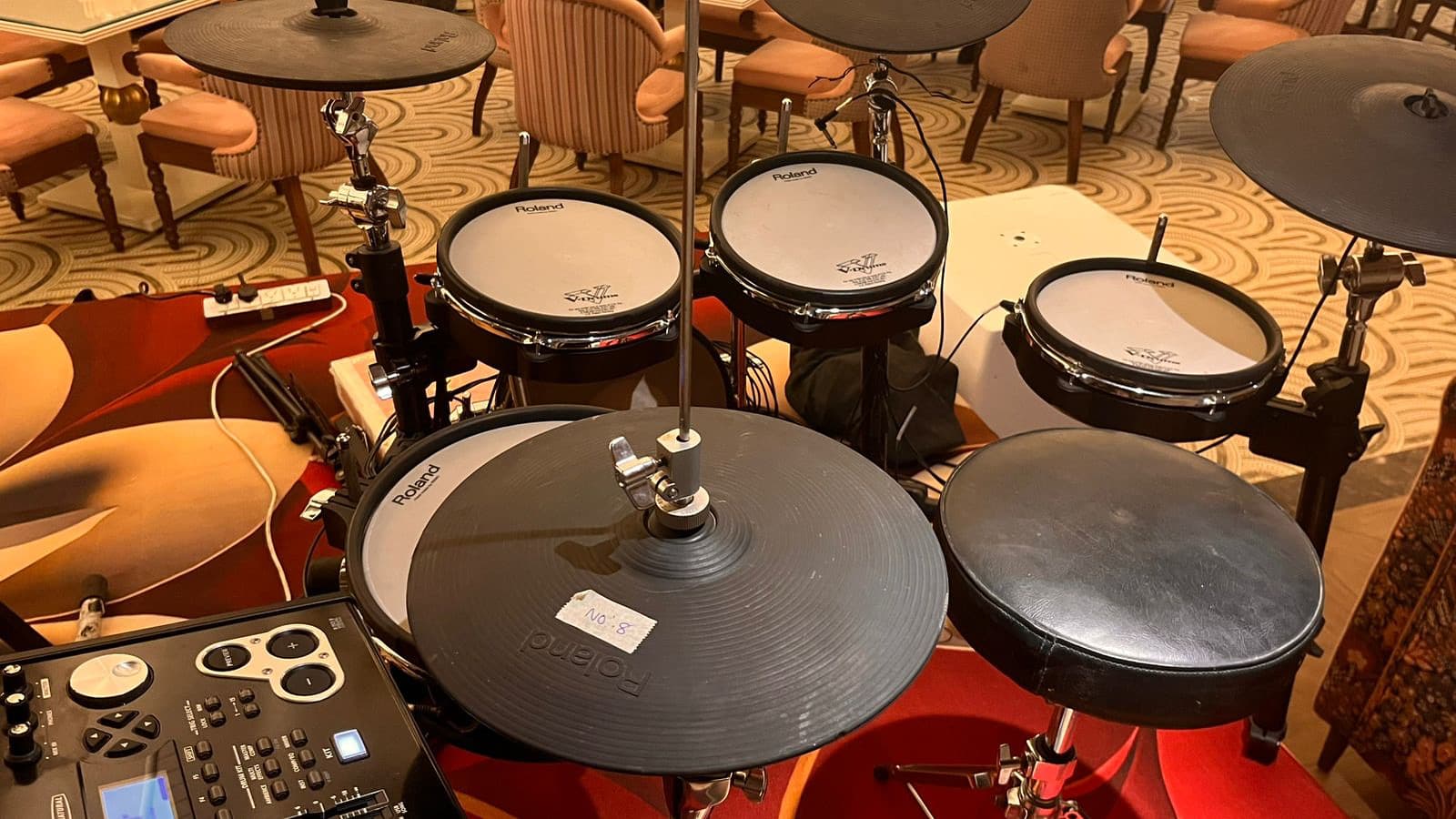 Electronic Roland drum kit set up for a session.